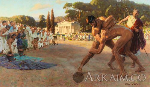 referee watches greek wrestlers In ancient olympic games