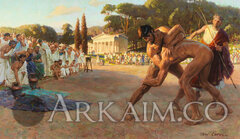 referee watches greek wrestlers In ancient olympic games